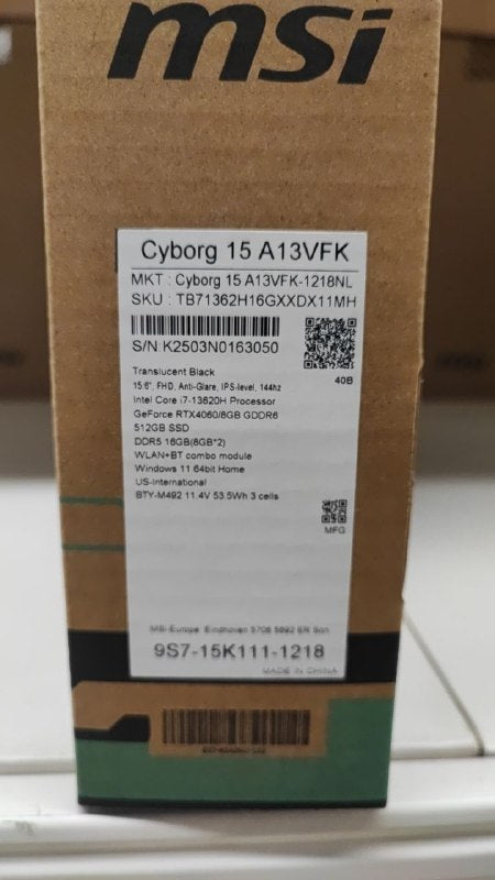 MSI Cyborg 15 A13VFK-1218NL, Intel Core i7-13620H, RAM 16GB, 512GB SSD, RTX 4060 8GB, 15.6 FHD IPS 144Hz, Translucent Black