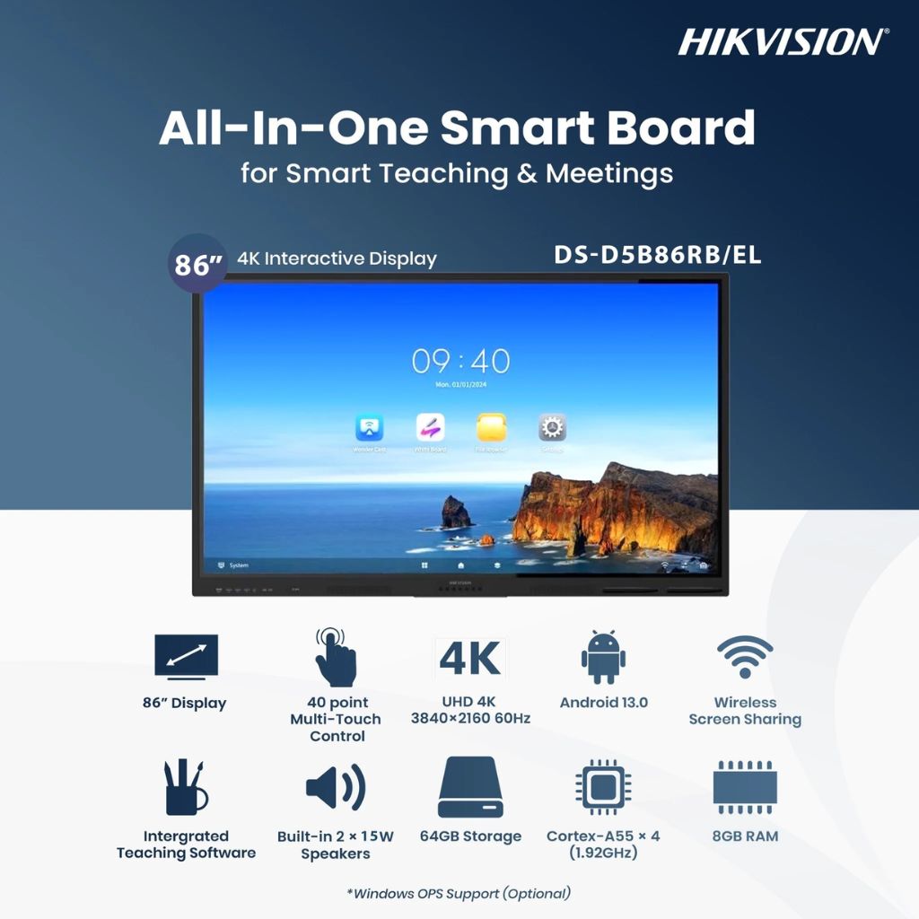 Hikvision 86-Inch 4K UHD Smart Interactive Whiteboard, Android 13.0, RAM 8GB, Storage 64GB