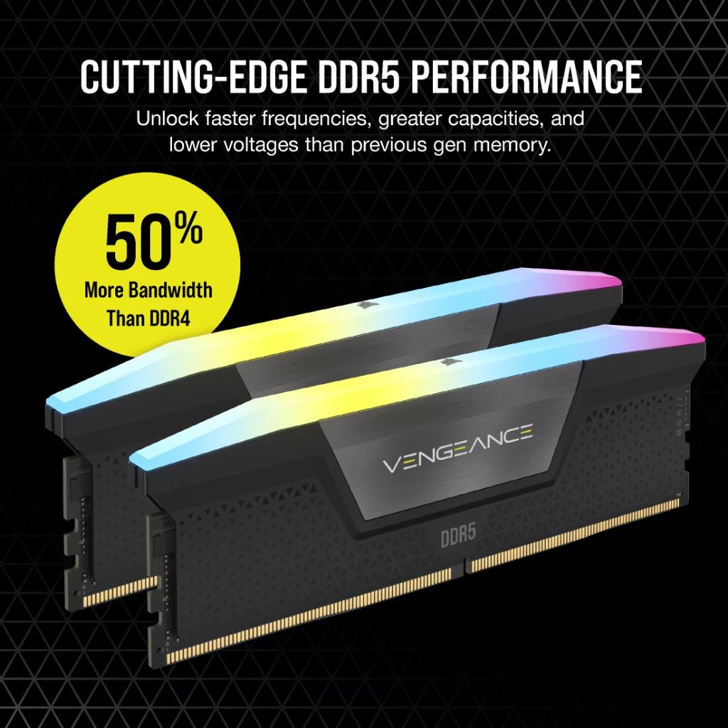 Corsair Vengeance RGB 64GB (2×32GB) DDR5 6000MHz CL38 Desktop Memory - Black
