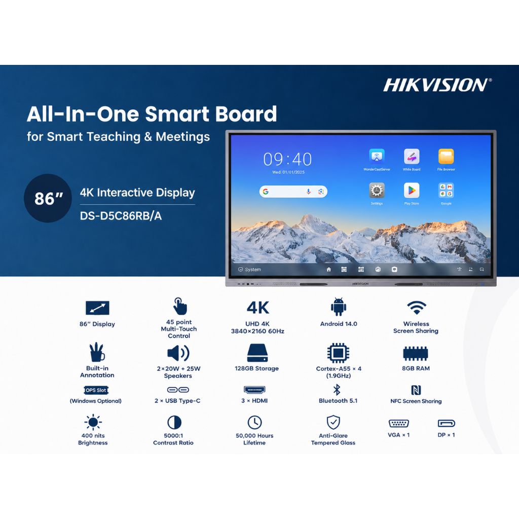 شاشة تفاعلية ذكية 4K UHD من هايكفيجن 86 بوصة، أندرويد 14.0، ذاكرة وصول عشوائي 8 جيجابايت، سعة تخزين 128 جيجابايت