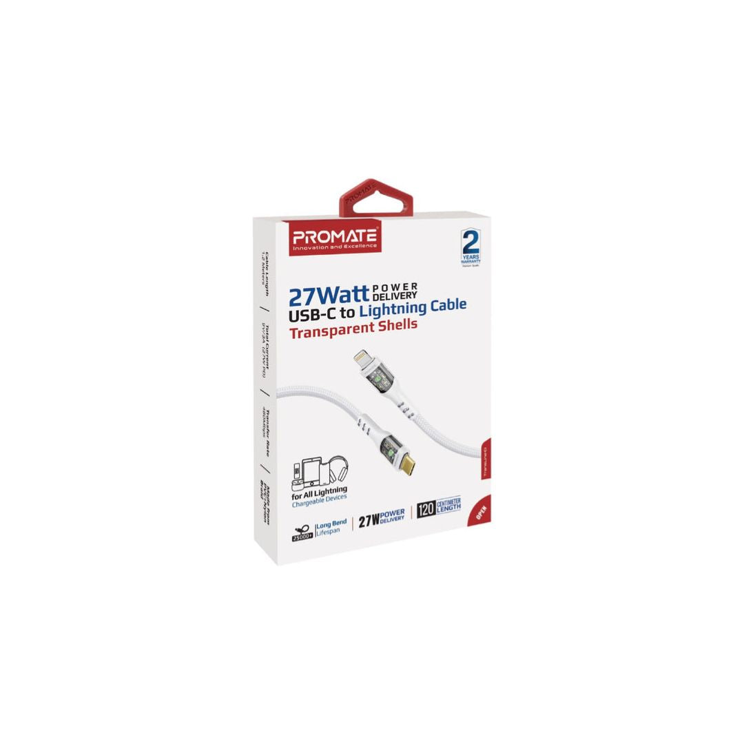 Promate TransLine-Ci 27W USB-C to Lightning Cable 1.2M - White
