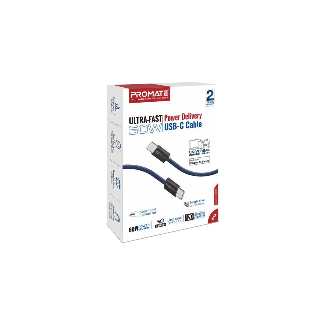Promate EcoLine-CC120 60W USB-C to USB-C Cable 1.2M - Navy