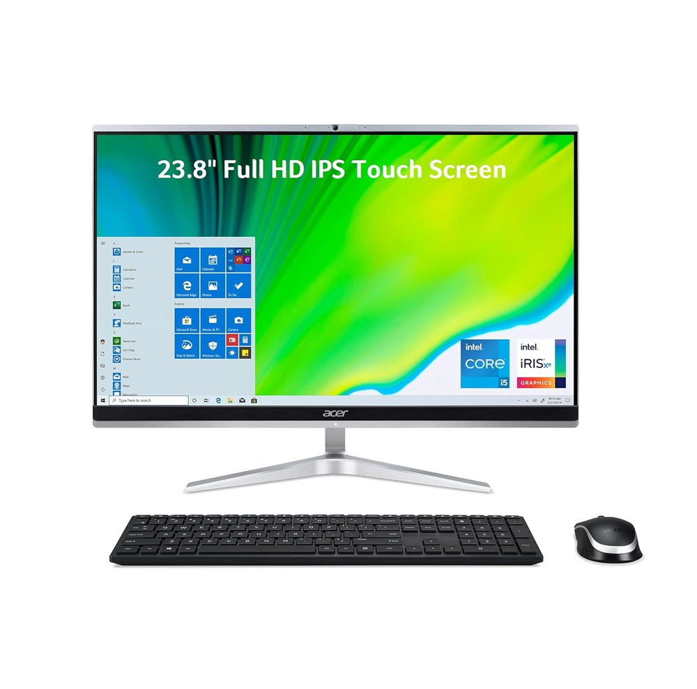 جهاز Acer Aspire C24-1651 المتكامل، معالج Intel Core i5-1135G7، ذاكرة وصول عشوائي 8 جيجابايت، قرص SSD بسعة 512 جيجابايت + قرص HDD بسعة 1 تيرابايت (مُطوّر)، بطاقة رسومات NVIDIA MX450 بسعة 2 جيجابايت، شاشة لمس IPS بدقة FHD مقاس 24 بوصة، لون فضي