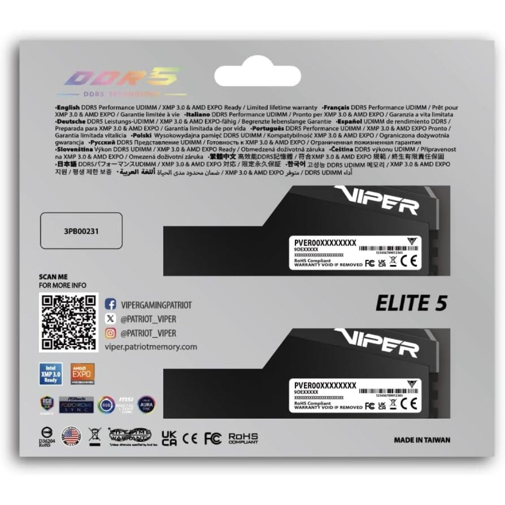 DDR5 PC Patriot Viper Elite 5 Ultra 32GB (16x2) 6000MHz RGB CL36 - Black