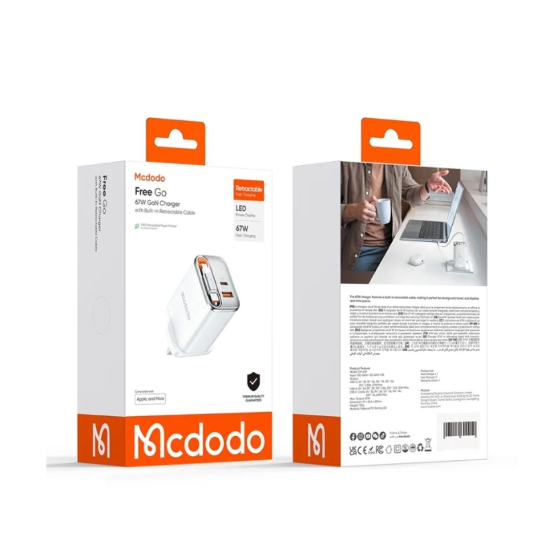 Mcdodo CH-4092 67W GaN Charger with Built-in Retractable USB-C Cable - White