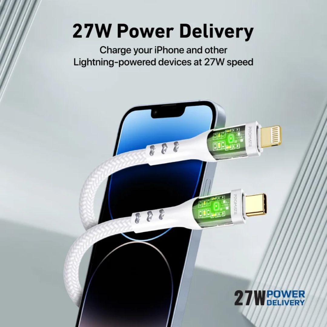 Promate TransLine-Ci 27W USB-C to Lightning Cable 1.2M - White