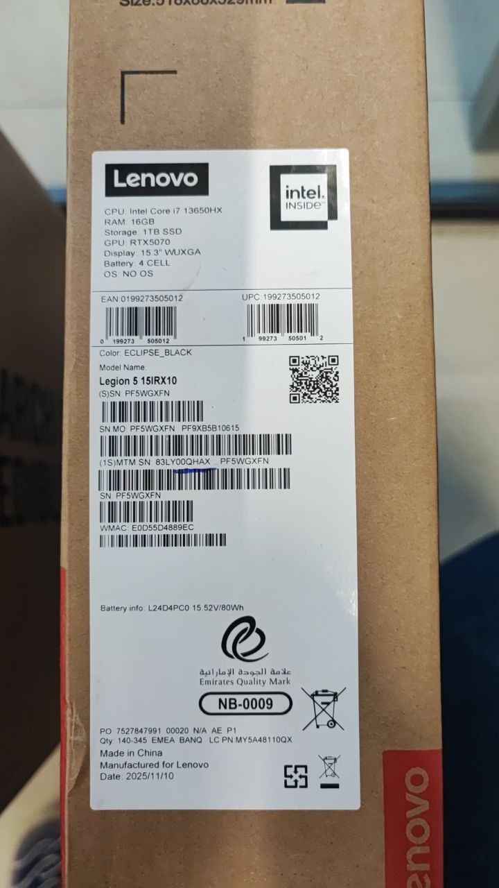 Lenovo Legion Pro 5 15IRX10 - (QHAX) معالج Intel Core i7-13650HX، ذاكرة وصول عشوائي (RAM) 16 جيجابايت، قرص تخزين من نوع SSD سعة 1 تيرابايت، بطاقة رسومات RTX 5070 8GB، شاشة IPS مقاس 15.3 بوصة WUXGA بتردد 165 هرتز، لون أسود إكليبس