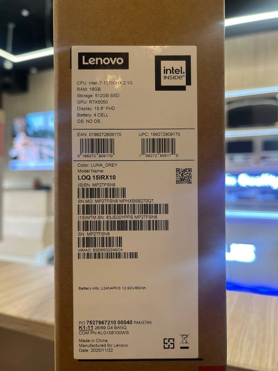 Lenovo LOQ 15IRX10 - (YPPS) Intel Core i7-13700HX, RAM 16GB, SSD 512GB, RTX 5050 8GB, 15.6 Inch Inch FHD IPS 144Hz, Luna Grey