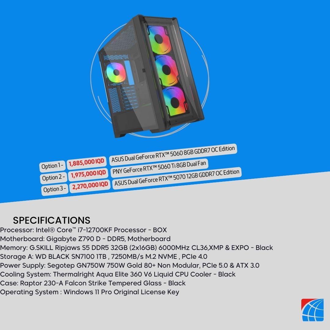 Pc Build Intel Core i7-12700KF, RTX 5060 8GB , RTX™ 5060 Ti 8GB , 5070 12GB