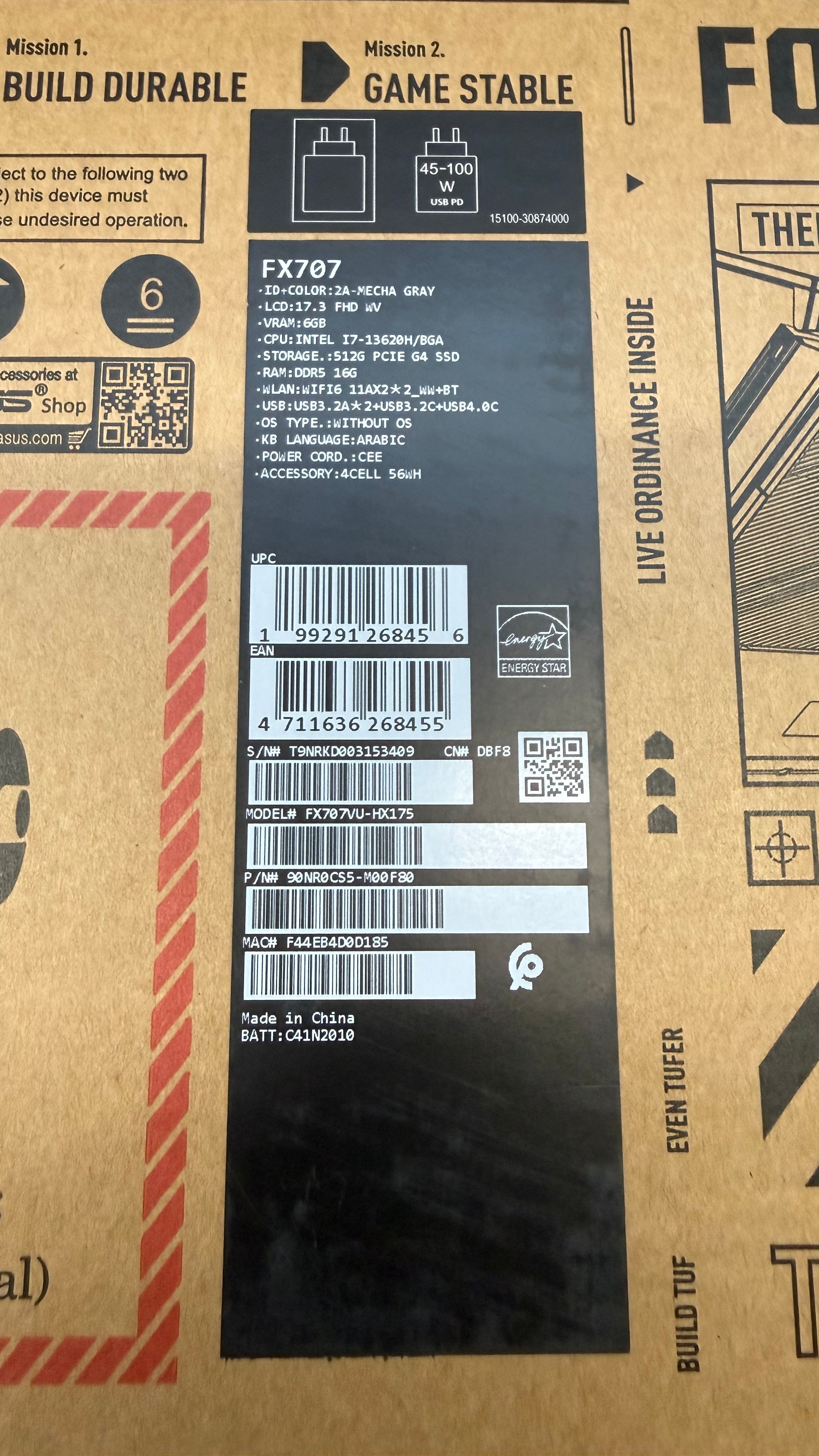 ASUS TUF Gaming F17 FX707VU-HX175, معالج Intel Core i7-13620H من الجيل 13, ذاكرة وصول عشوائي (RAM) 16 جيجابايت, قرص صلب (SSD) سعة 512 جيجابايت, بطاقة رسومات RTX 4050 بسعة 6 جيجابايت, شاشة IPS مقاس 17.3 بوصة بدقة FHD ومعدل تحديث 144 هرتز, لون رمادي ميكا