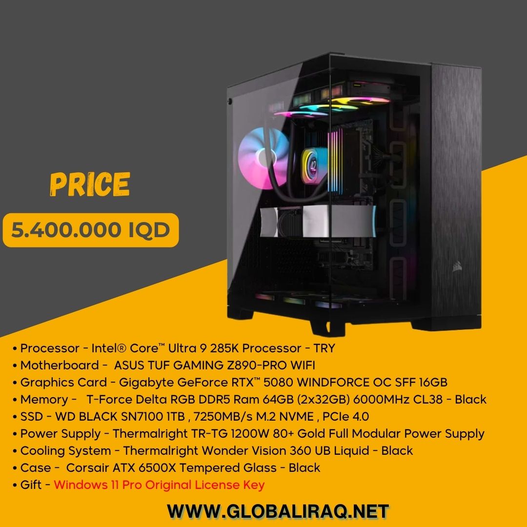 تجميعة كمبيوتر بمعالج Intel Ultra 9 285K وبطاقة RTX 5080 بحجم 16 جيجابايت
