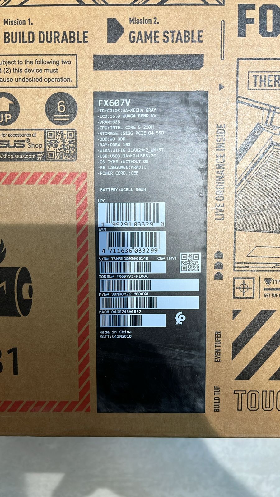 ASUS TUF Gaming F16 FX607VJ-RL006, Intel Core 5 210H, RAM 16GB, SSD 512GB, NVIDIA RTX 3050 6GB, 16.0 inch WUXGA IPS 144Hz, Mecha Gray