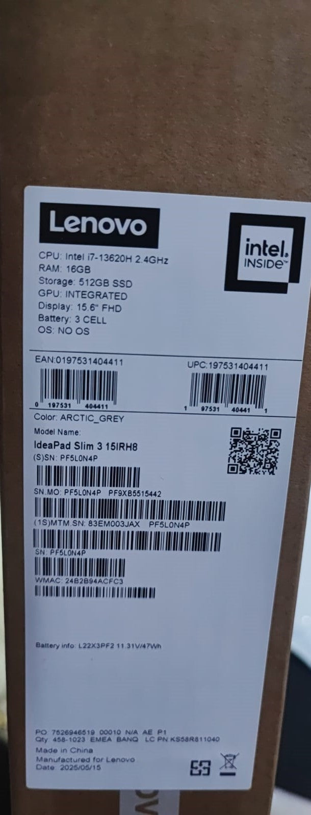 لينوفو ايديا باد سليم 3 15IRH8 (3JAX)، انتل كور i7-13620H، رام 16 جيجابايت، 512 جيجابايت SSD، انتل UHD Graphics، 15.6 بوصة IPS FHD، رمادي قطبي