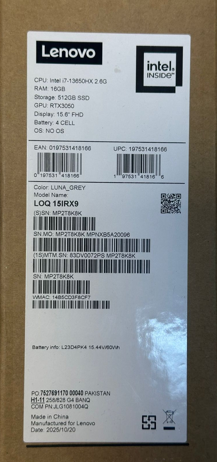 Lenovo LOQ 15IRX9 - (72PS) Intel Core i7-13650HX, RAM 32GB (Upgraded), SSD 512GB, RTX 3050 6GB, 15.6 Inch FHD IPS 144Hz, Luna Gray