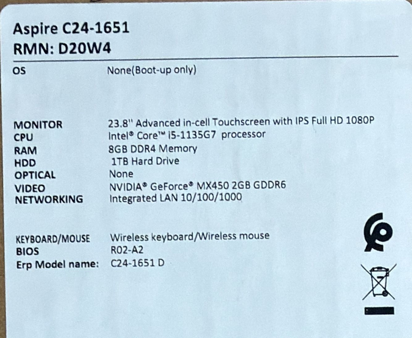 جهاز Acer Aspire C24-1651 المتكامل، معالج Intel Core i5-1135G7، ذاكرة وصول عشوائي 8 جيجابايت، قرص SSD بسعة 512 جيجابايت + قرص HDD بسعة 1 تيرابايت (مُطوّر)، بطاقة رسومات NVIDIA MX450 بسعة 2 جيجابايت، شاشة لمس IPS بدقة FHD مقاس 24 بوصة، لون فضي