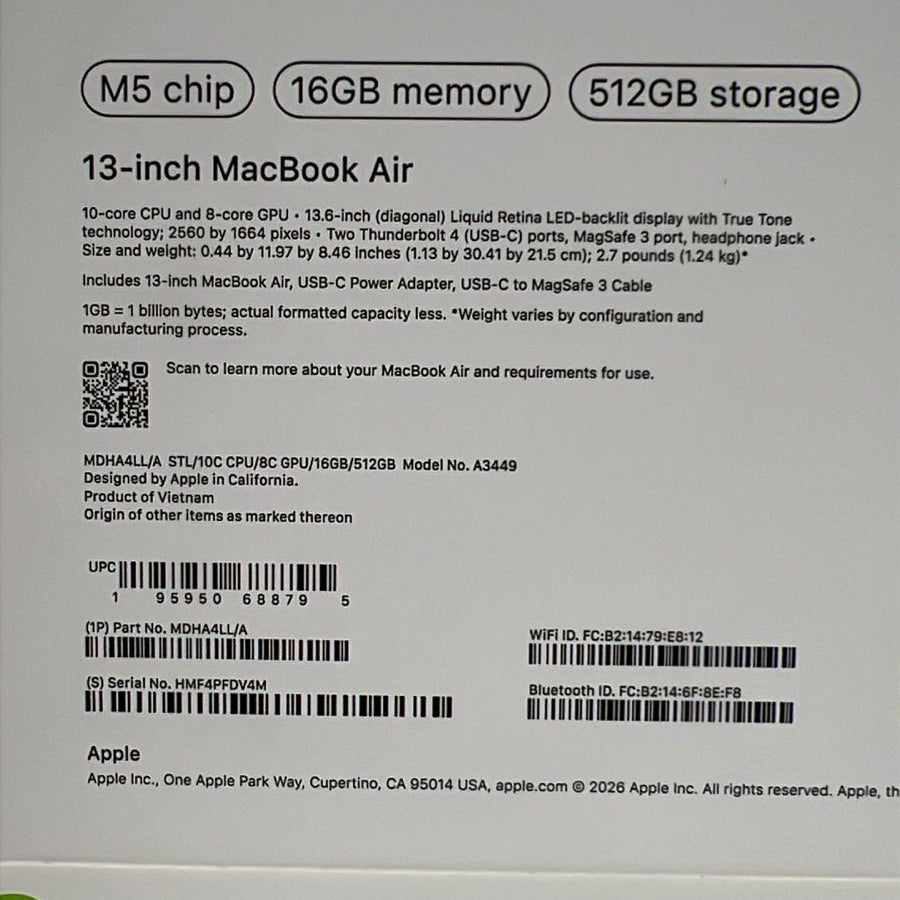Apple Macbook Air MDHA4LL/A - A3449، شريحة M5 (10 نوى)، معالج رسومات (8 نوى)، ذاكرة وصول عشوائي 16 جيجابايت، قرص صلب SSD 512 جيجابايت، 13.0 (2560 × 1664)، لون Starlight