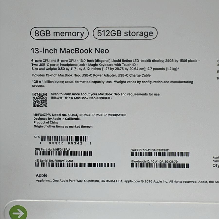 Apple MacBook Neo MHFG4ZP/A - A3404, معالج Apple A18 Pro (6 نوى), معالج رسومي (5 نوى), 8 جيجابايت رام, 512 جيجابايت SSD, 13.0 بوصة (2408 × 1506), لون نيلي
