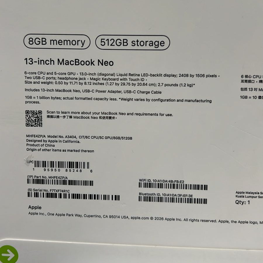 Apple MacBook Neo MHFE4ZP/A - A3404, Apple A18 Pro (6 Cores), GPU (5 Cores), ذاكرة وصول عشوائي 8 جيجابايت, قرص صلب 512 جيجابايت, شاشة IPS مقاس 13.0 بوصة (2408 × 1506), لون حمضي