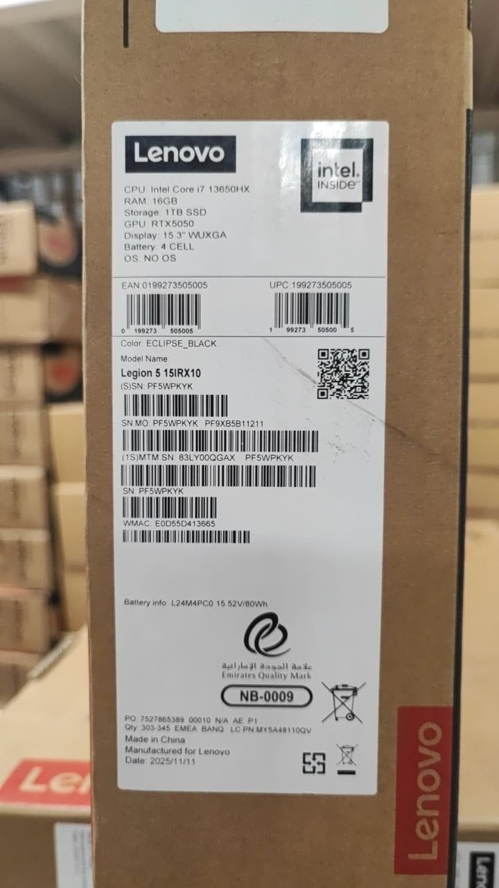 Lenovo Legion 5 15IRX10 - (QGAX), Intel Core™ i7-13650HX, RAM 16GB, SSD 1TB, NVIDIA RTX 5050 8GB, 15.3 WUXGA 165Hz, Eclipse Black