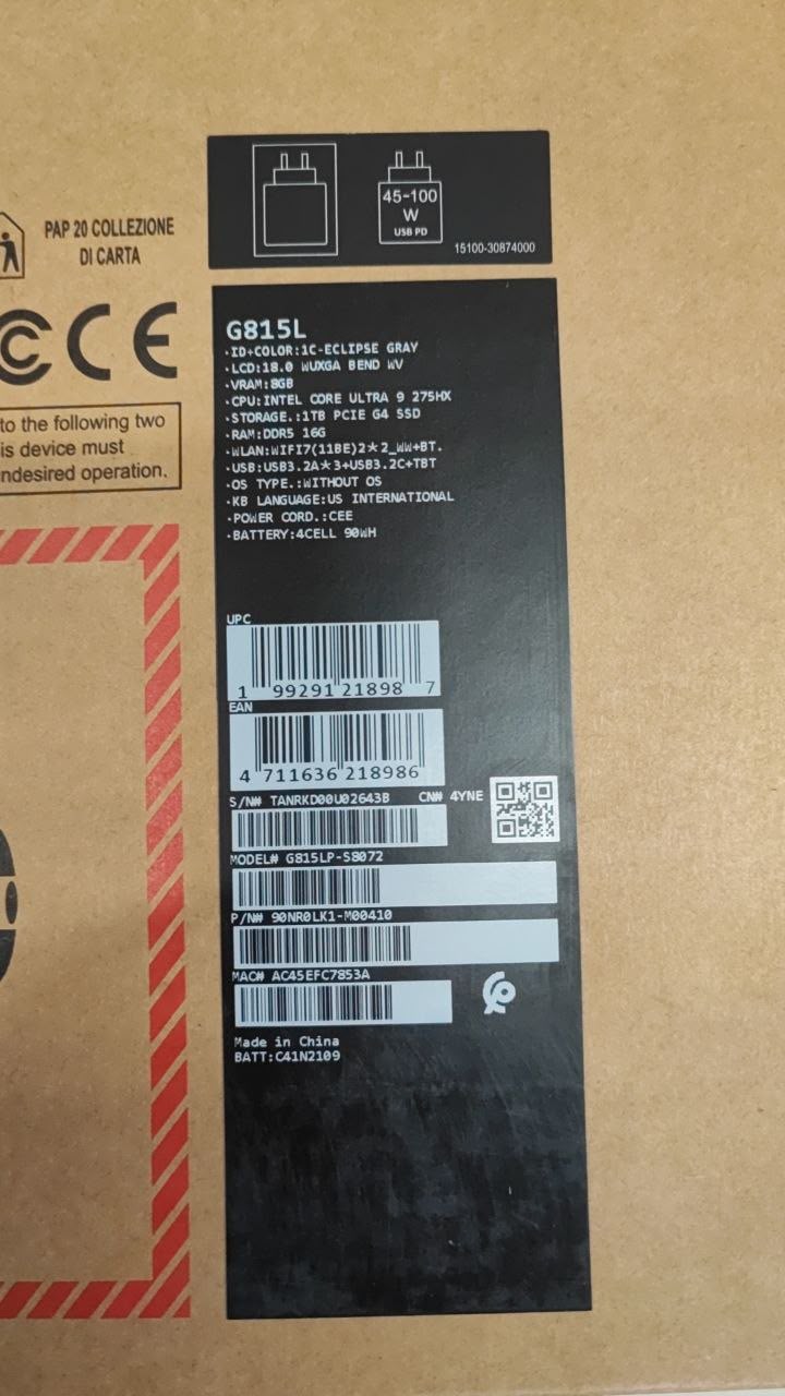 ASUS ROG Strix G18 G815LP-S8072, Intel Core Ultra 9-275HX, RAM 16GB, SSD 1TB, NVIDIA Geforce RTX 5070 8GB, 18.0 inch WUXGA 144Hz, Eclipse Gray