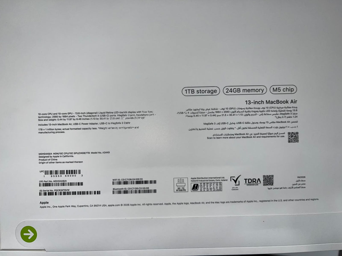 Apple Macbook Air MDHG4AB/A - A3449, M5 Chip (10 Core), GPU (8 Core), RAM 24GB, SSD 1TB, 13.6 (2560 x 1664), Midnight