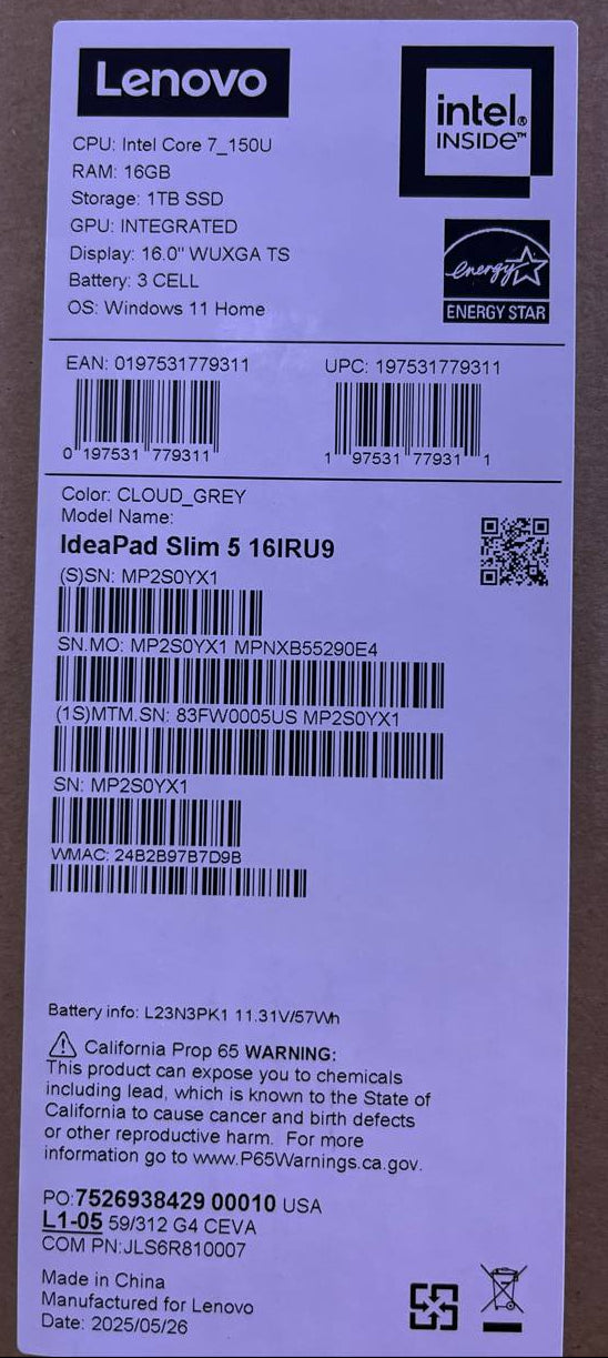 Lenovo IdeaPad Slim 5 16IRU9 - (05US), Intel Core 7 150U, RAM 16GB, SSD 1TB, Intel Graphics, 16 Inch WUXGA IPS 60Hz, Cloud Grey