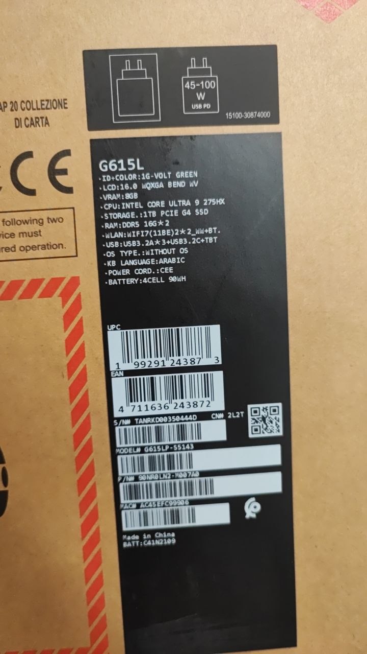 ASUS ROG Strix G16 G615LP-S5143, معالج Intel Core Ultra 9-275HX, ذاكرة وصول عشوائي 32 جيجابايت, 1 تيرابايت SSD NVMe, بطاقة رسومات NVIDIA RTX 5070 8 جيجابايت, شاشة 16.0 WQXGA 240Hz IPS, لون أخضر فولت