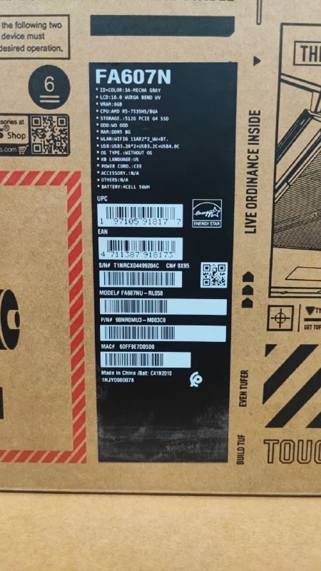 ASUS TUF Gaming A16 FA607NU-RL058, AMD Ryzen 5-7535HS, RAM 8G, SSD 512GB, NVIDIA RTX 4050 6GB, 16.0 inch WUXGA 144Hz, Mecha Gray