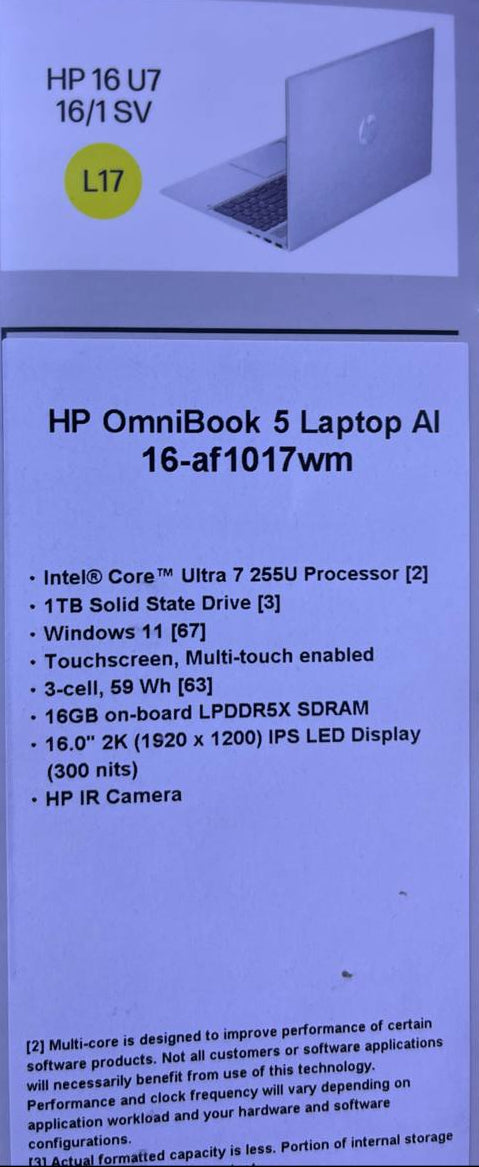 HP OmniBook 5 16-AF1017WM, Ultra 7-255U, RAM 16GB, SSD 1TB, Intel Graphics, 16 Inch WUXGA IPS Touch, Silver