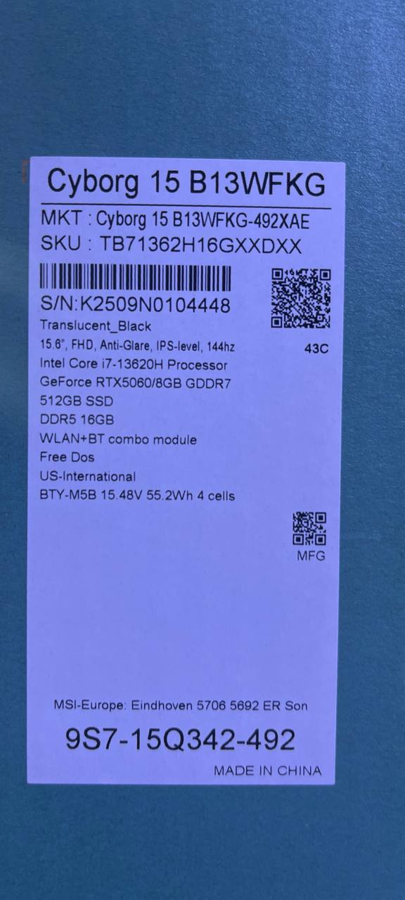 MSI Cyborg 15 B13WFKG | i7‑13620H, RTX 5060, 16GB, 512GB SSD in Iraq