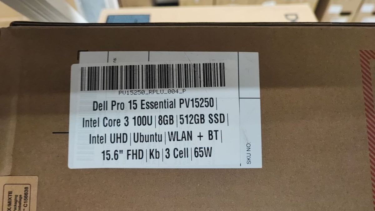 Dell Pro 15 Essential PV15250 - (RPLU-004-P) Intel Core™ 3-100U, RAM 8GB, SSD 512GB, Intel UHD Graphics, 15.6 Inch FHD IPS, Black