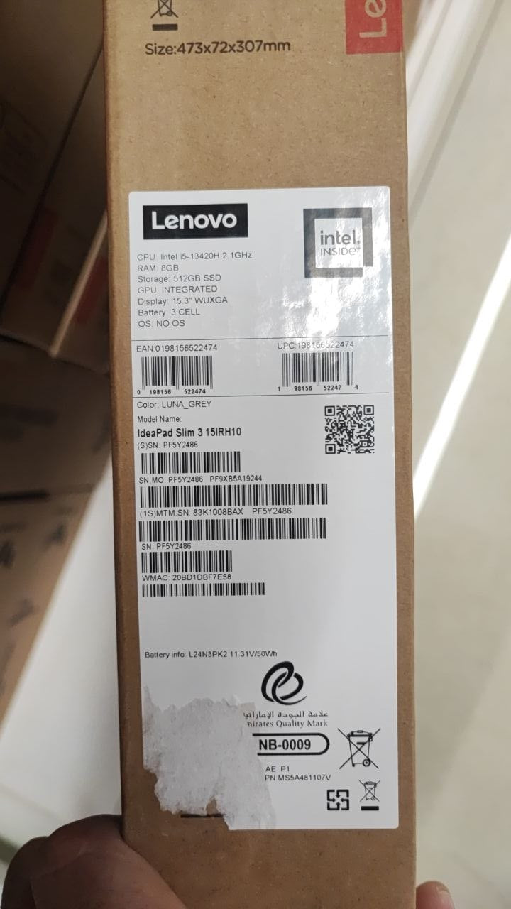 Lenovo IdeaPad Slim 3 15IRH10 - (8BAX) Intel Core i5-13420H, RAM 8GB, SSD 512GB, Intel® UHD Graphics, 15.3 WUXGA IPS, Luna Grey