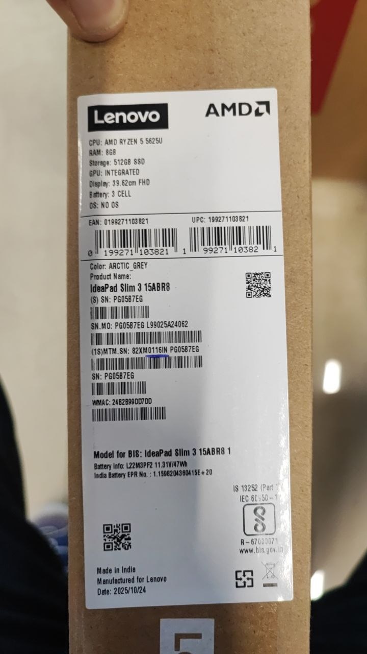 Lenovo IdeaPad Slim 3 15ABR8 - (16 بوصة) AMD Ryzen 5-5625U, ذاكرة وصول عشوائي (RAM) سعة 8 جيجابايت, قرص صلب (SSD) سعة 512 جيجابايت, بطاقة رسوميات Radeon™, شاشة 15.6 بوصة عالية الدقة (FHD), رمادي قطبي