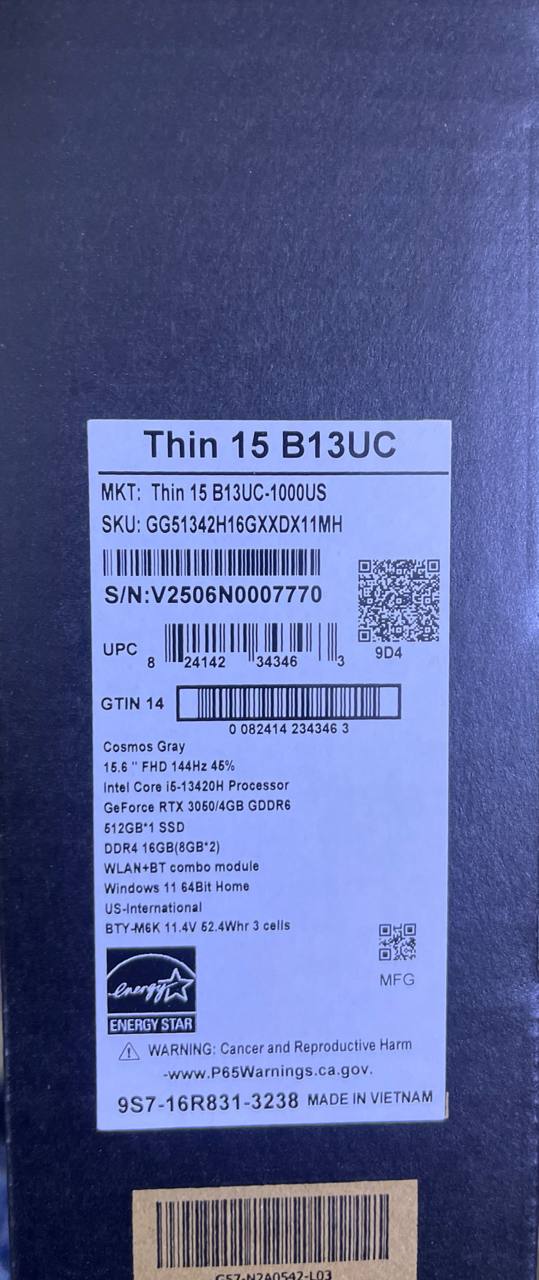 MSI Thin 15 B13UC-1000US, Intel Core i5-13420H, RAM 16GB, SSD 512GB, NVIDIA RTX 3050 4GB, 15.6 Inch FHD 144Hz, Cosmos Grey