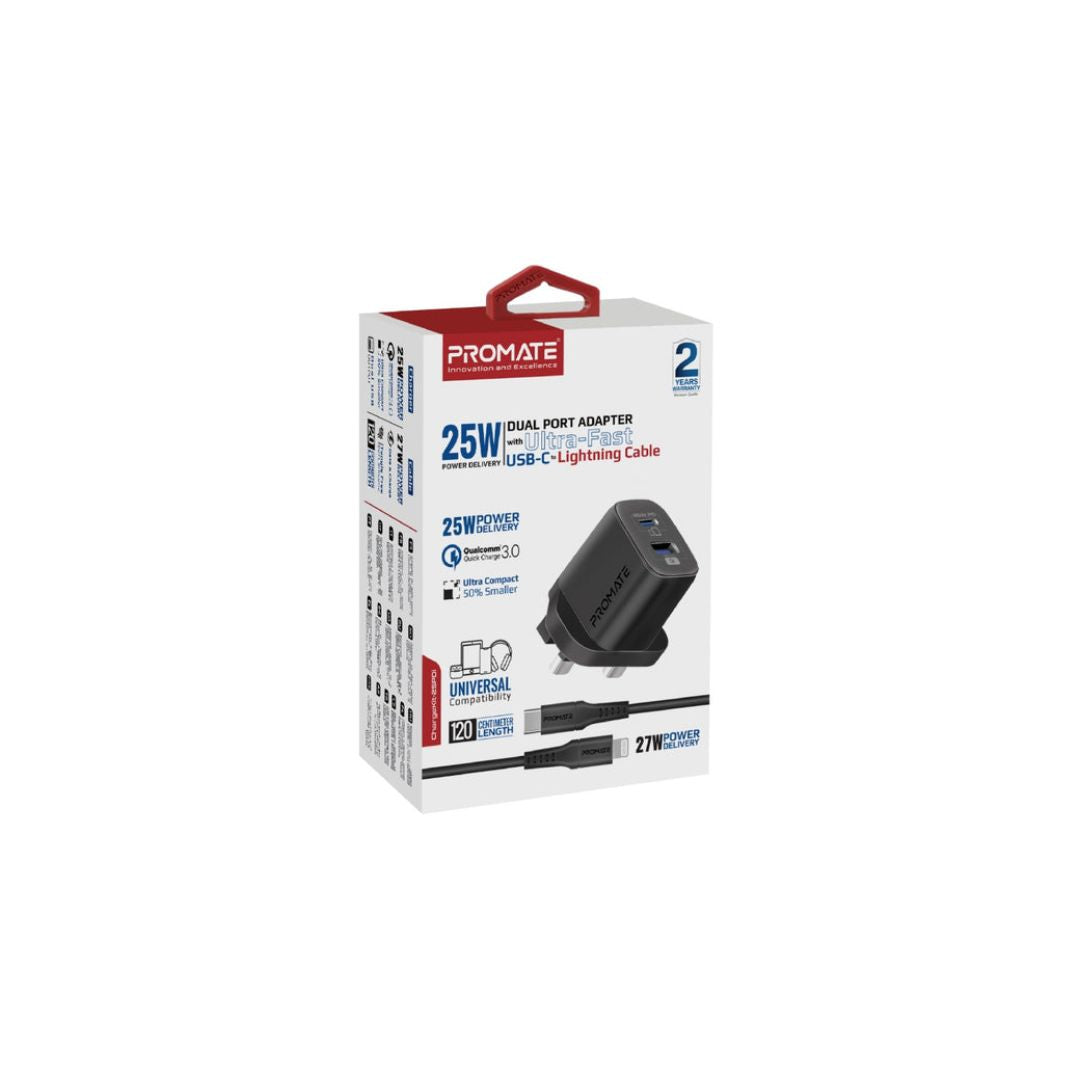 شاحن بروميت ChargeKit-25PDi بقوة 25 واط مع كابل USB-C إلى لايتنينج - أسود