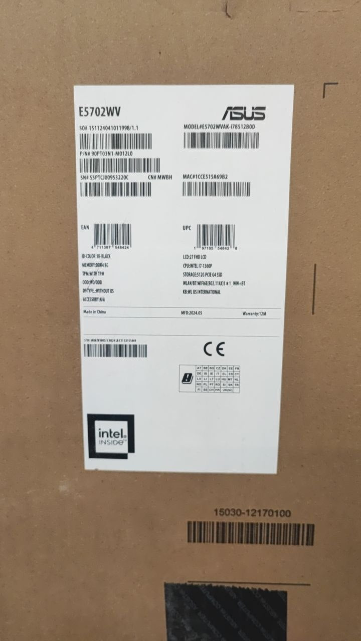 الكل في واحد ASUS E5702WV، معالج Intel Core i7-1360P، ذاكرة وصول عشوائي 8 جيجابايت، قرص صلب SSD 512 جيجابايت، رسومات Iris® Xᵉ، شاشة 27 بوصة FHD، أسود