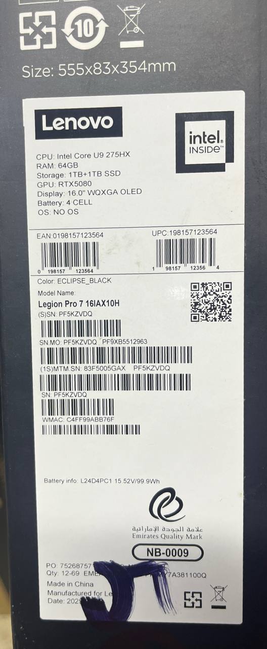 Lenovo Legion Pro 7 16IAX10H - (5GAX), Intel Core Ultra 9-275HX, RAM 64GB, SSD 2TB, NVIDIA Geforce 5080 16GB, 16.0 Inch WQXGA OLED 240Hz, Eclipse Black