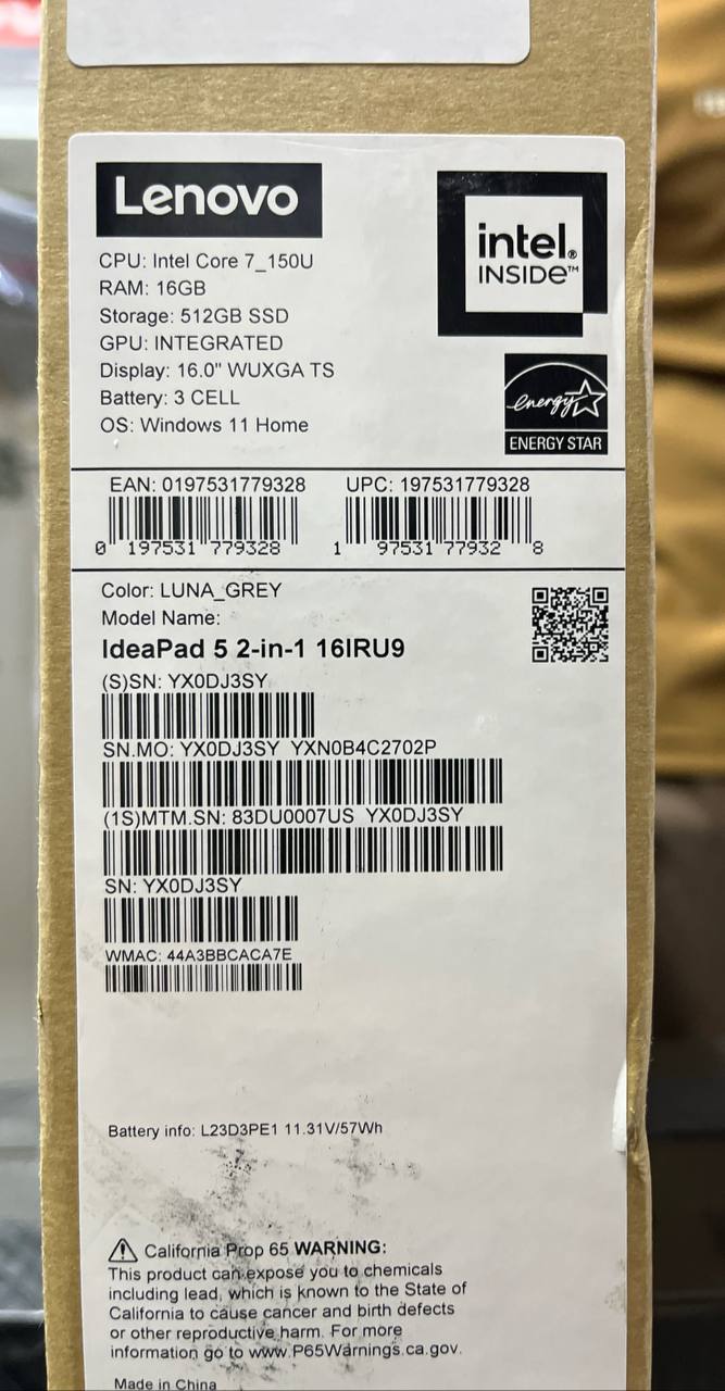 Lenovo Ideapad 5 16IRU9 -(07US), Intel Core 7-150U, RAM 16GB, SSD 512GB, Intel® Graphics, 16.0 Inch WUXGA IPS Touch, Luna Grey