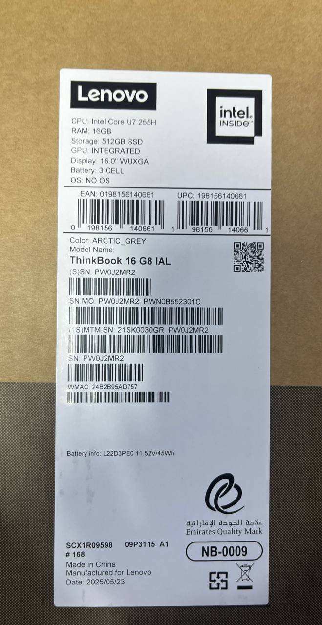 Lenovo ThinkBook 16 G8 IAL - (30GR - 2KGR), Intel Core Ultra 7-255H, RAM 16GB, SSD 512GB, Intel Graphics, 16.0 IPS WUXGA 60Hz, Arctic Grey