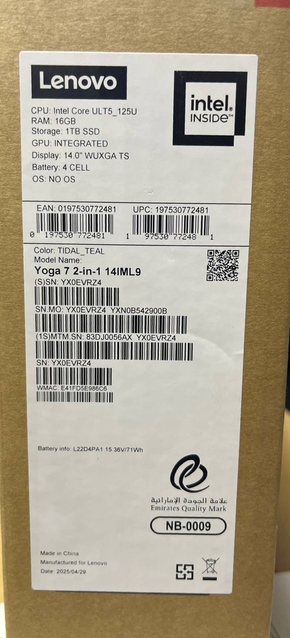 Lenovo Yoga 7 14IML9 - (56AX), Intel Core Ultra 5-125U, RAM 16GB, SSD 1TB, Intel® Graphics, 14.0 Inch WUXGA (1920x1200) IPS Touch, Tidal Teal