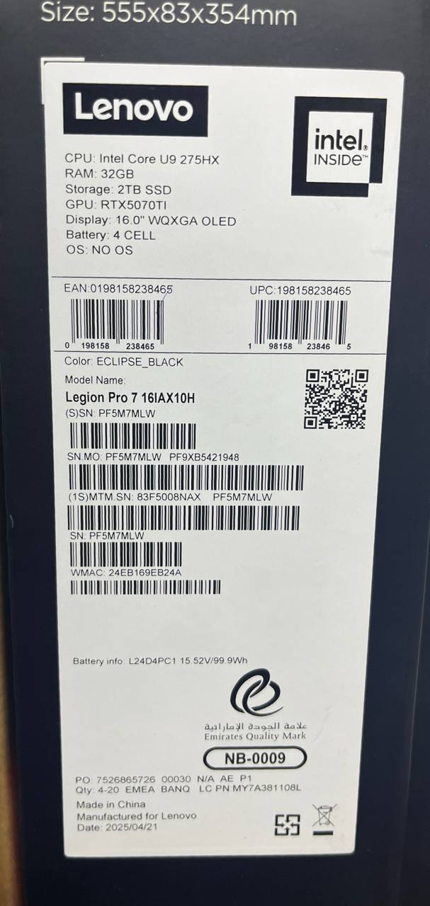 Lenovo Legion Pro 7 16IAX10H - (8NAX), Intel Core Ultra 9-275HX, RAM 32GB, SSD 2TB, NVIDIA RTX 5070 TI 12GB, 16.0 Inch WQXGA OLED 240Hz, Eclipse Black