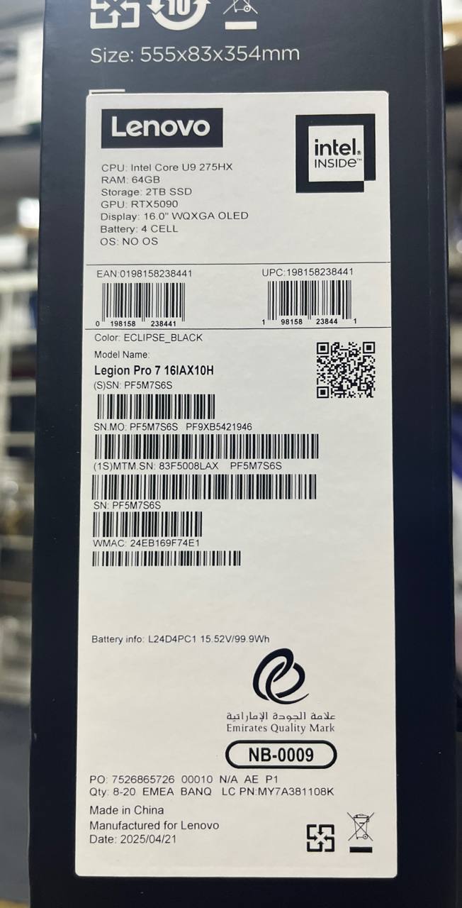 لينوفو ليجن برو 7 16IAX10H - (8LAX)، معالج إنتل كور ألترا 9-275HX، ذاكرة وصول عشوائي 64 جيجابايت، قرص صلب SSD سعة 2 تيرابايت، بطاقة رسومات إنفيديا RTX 5090 سعة 24 جيجابايت، شاشة 16.0 بوصة WQXGA OLED بتردد 240 هرتز، لون أسود إكليبس
