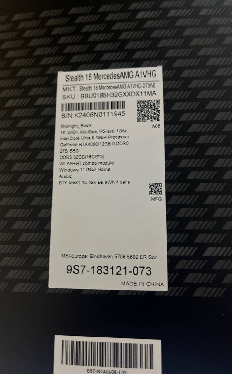 MSI Stealth 18 MercedesAMG A1VHG-073AE, Intel Core Ultra 9-185H, RAM 32GB, SSD 2TB, NVIDIA RTX 4080 12GB, 18.0 Inch UHD+ IPS 120Hz, Midnight Black