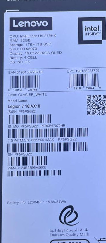 لينوفو ليجن 7 16IAX10 - (1MAX)، معالج إنتل كور ألترا 9-275HX، ذاكرة وصول عشوائي 32 جيجابايت، قرص صلب SSD سعة 2 تيرابايت، بطاقة رسومات إنفيديا RTX 5070 سعة 8 جيجابايت، شاشة 16.0 بوصة WQXGA OLED بتردد 240 هرتز، لون أبيض جليدي 