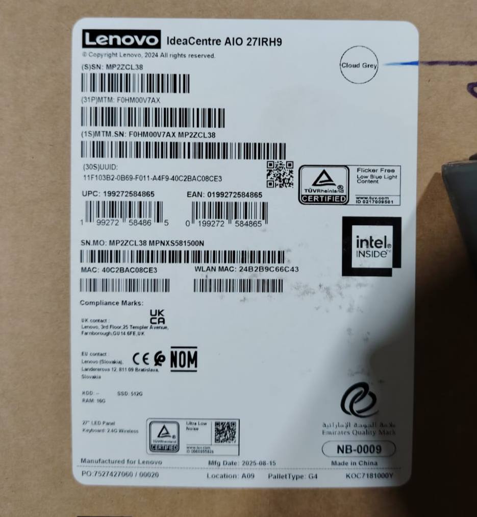 All in One Lenovo IdeaCentre AIO 27IRH9 - (V7AX), Intel Core 9 270H, RAM 16GB, SSD 512GB, Intel® Graphics, 27 QHD IPS, Cloud Grey