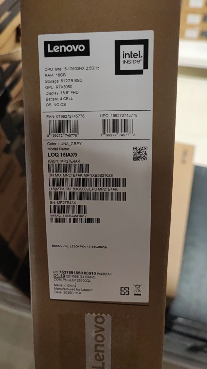 Lenovo LOQ 15IAX9 - (UEPS) Intel Core i5-12600HX, RAM 16GB, SSD 512GB, RTX 3050 6GB, 15.6 Inch FHD IPS 144Hz, Luna Grey